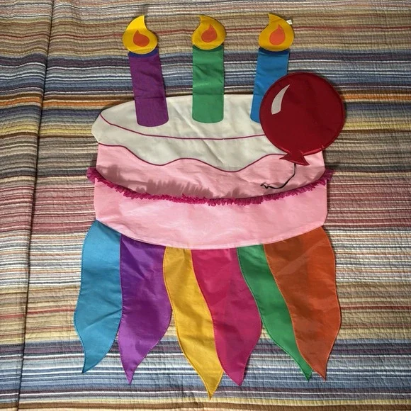 House Flag Happy Birthday Double Sided Banner 28 x 48 Colorful Cake & Balloons