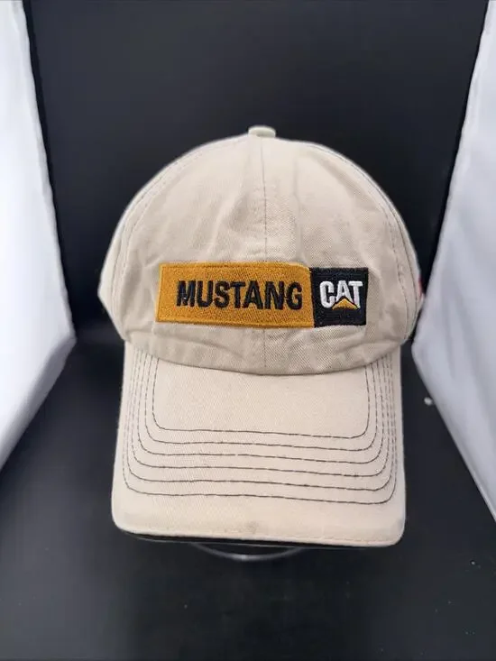 Mustang CAT Baseball Hat Khaki Texas Flag Adjustable Hook & Loop Caterpillar Cap