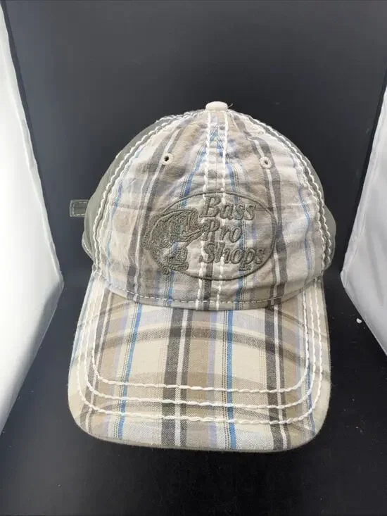 Bass Pro Shops Plaid Baseball Hat Brown Blue Adjustable Buckle Strap Cap