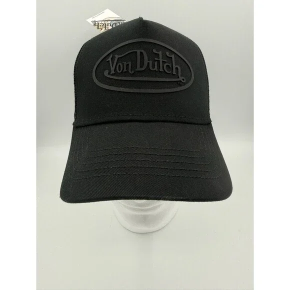 Von Dutch Trucker Hat Black Solid Raised Rubber Oval Logo Snapback Cap NWT
