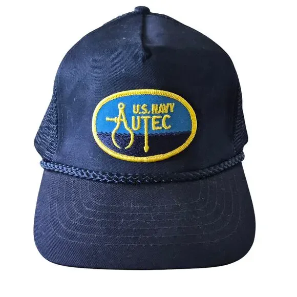Vintage US Navy AUTEC Trucker Hat Snapback Mesh Cap Blue Rope KC Brand VTG