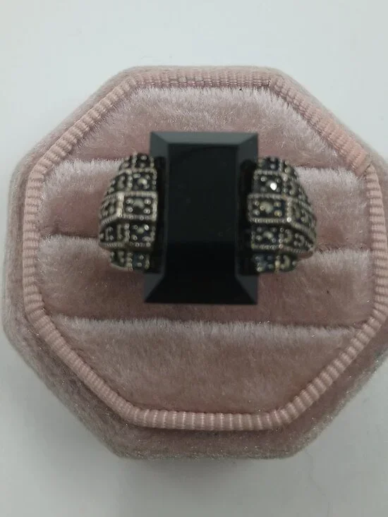 Vintage Black Onyx and Marcasite Sterling Silver Men's Ring Sz 10