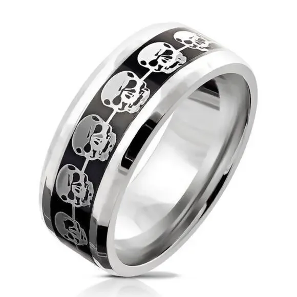 Men's Silver Skulls on Black 316L Stainless Steel Ring band Size 12