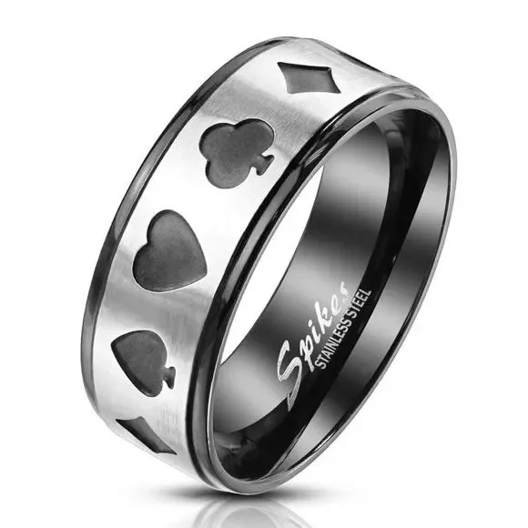 Steel Poker Card Shape Cut Out Center Black Stainless Steel Ring size 11
