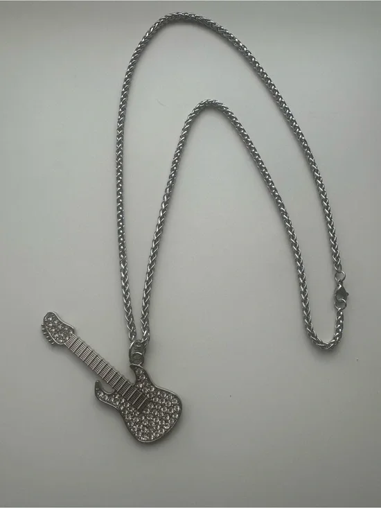 White gold filled Guitar Pendant Necklace with CZ- Men's Accessory