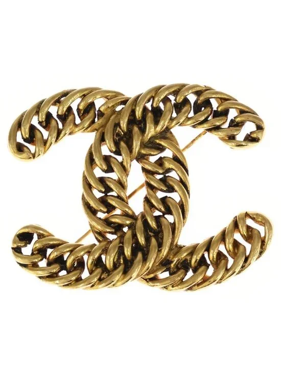 Chanel CC Logo Chain Brooch Pin Badge Gold
