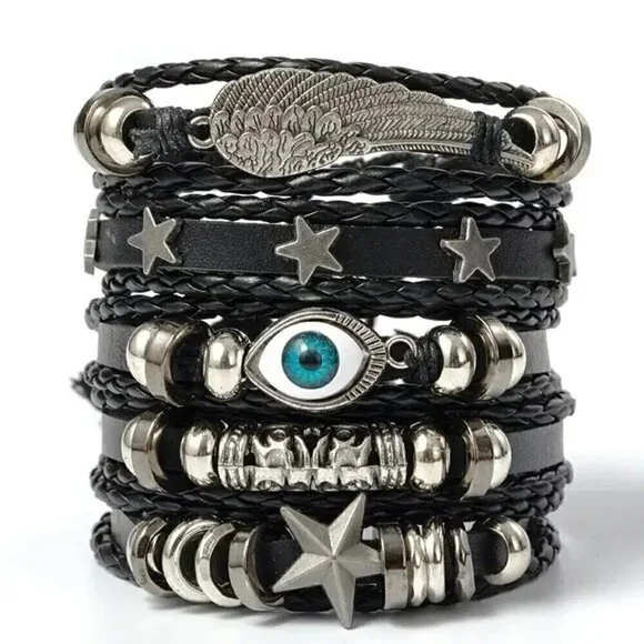 NWT Set Of 5 Black Leather Adjustable Braided Woven Bracelets Chrome Charms
