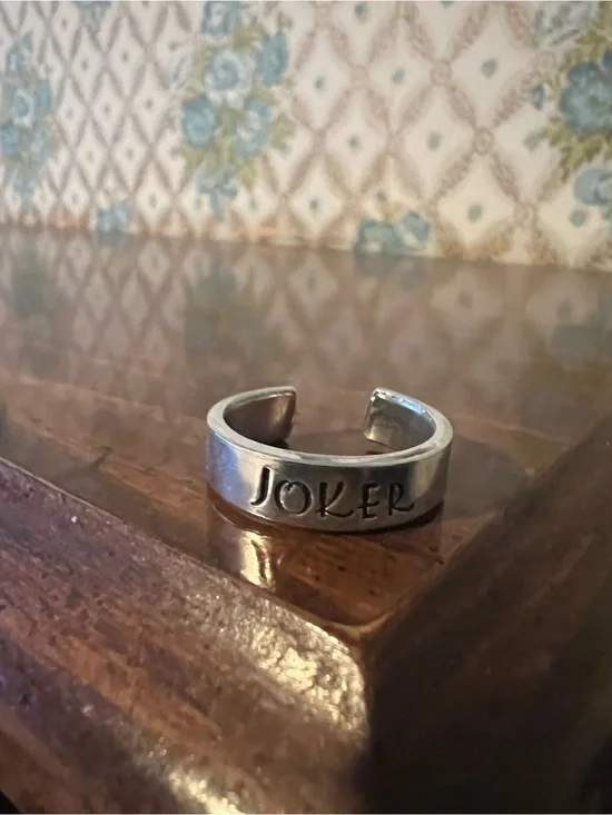 Joker Hand Stamped Silver Metal Promise Ring Band Cosplay DC Comics Goth