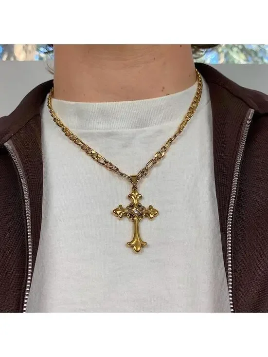 Y2k style Gold Figaro Big Gothic Rhinestone Cross Pendant Necklace. Stainless