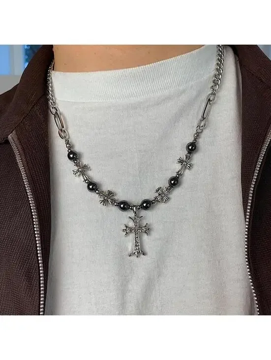 Cyber y2k 2000s style grunge chrome pearl rhinestone silver cross pendant Cuban