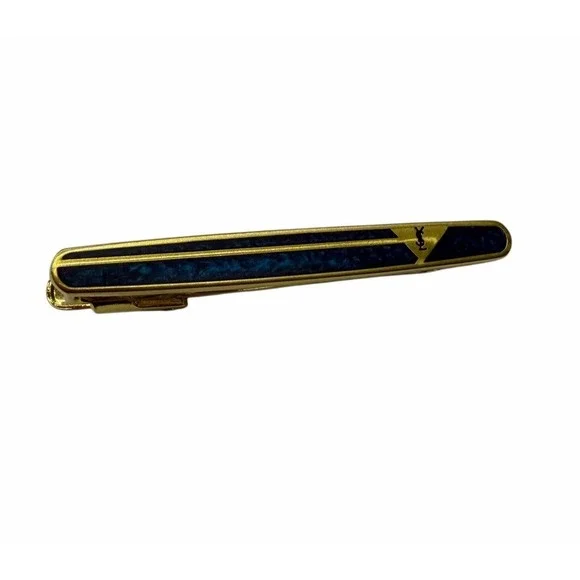 Yves Saint Laurent YSL Men's Authentic Tie Clip Bar Gold Plated Blue Onyx euc
