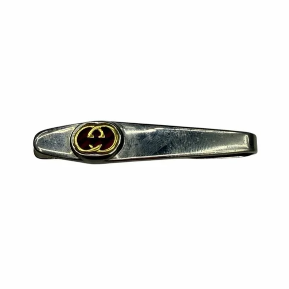 Gucci Men's Authentic Tie Clip Bar Silver/Gold Plated GG Monogram Logo Italy euc