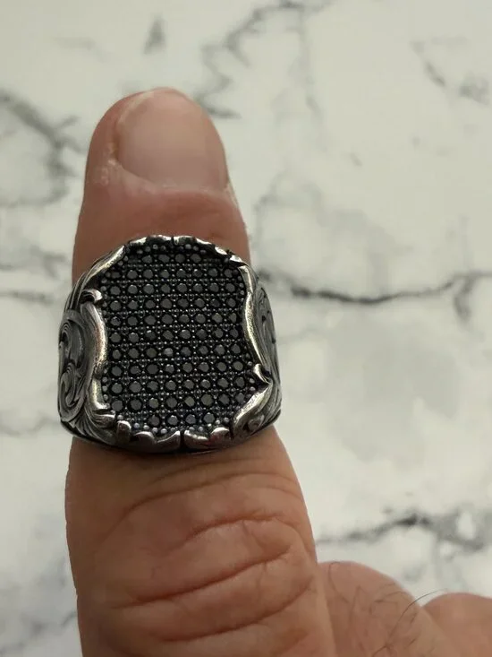 Men's Sterling Silver Black Zircon Ring, Size 9