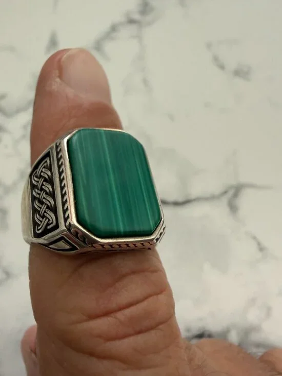 Men's Sterling Silver Green Agate Ring, Size 9