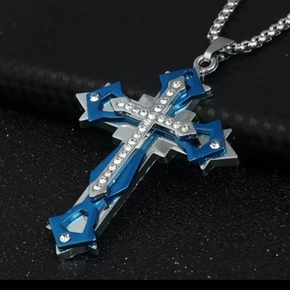New blue men's cross necklace