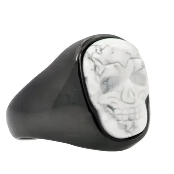Men's Genuine Howlite Black Plated Stainless Steel Skull Ring