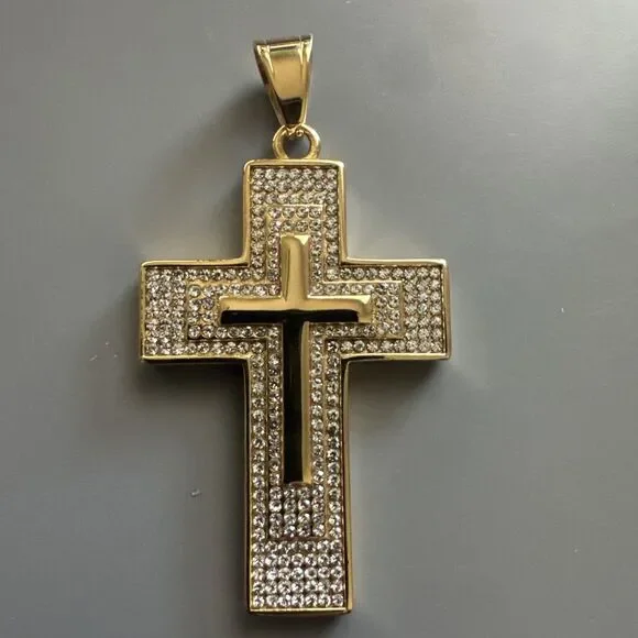 Triple Cross Pendant Gold Plated Cubic Zirconia 24” Chain Stainless Steel Unisex