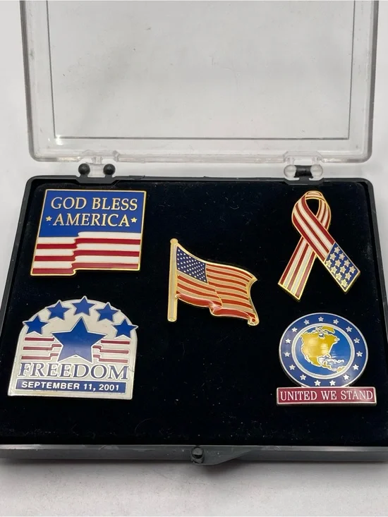 Vintage Patriotic 911 Remembrance Lapel Pin Set 5pc God Bless America Freedom