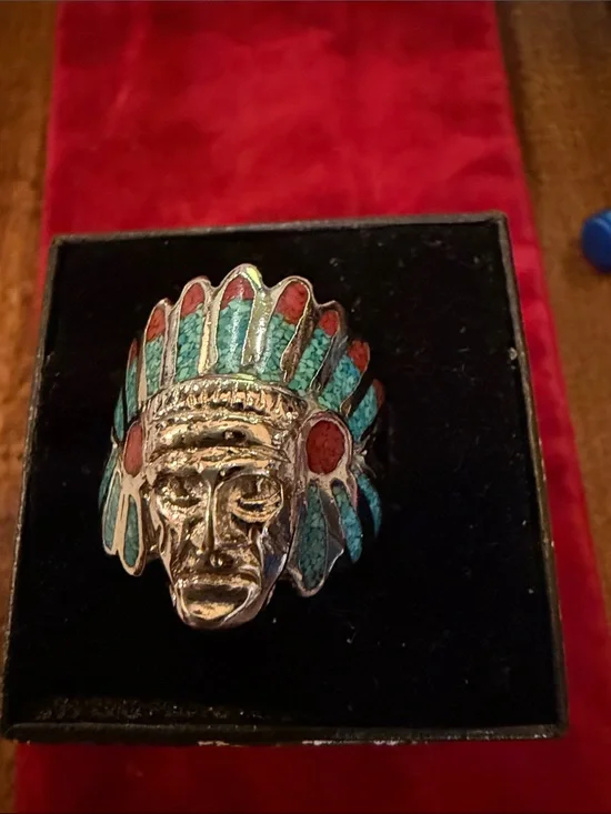Silver-Tone Native Chief Ring with Turquoise and Red Coral Inlay Size 8