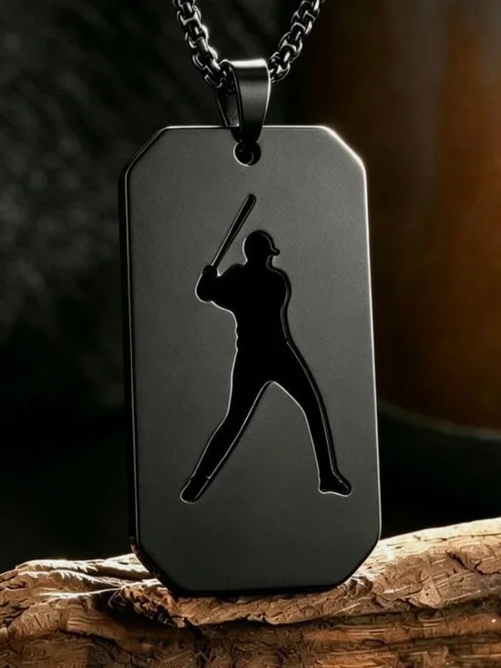 Black Stainless Steel Baseball Player Pendant Necklace - Unbranded C59