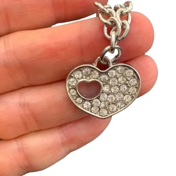 Heart Charm Bracelet with Swarovski Crystals in Silver Tone Rhodium Plate