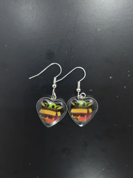 Cute Grogu Baby Yoda Heart Dangle Earrings Star Wars Mandalorian Fan Art Jewelry