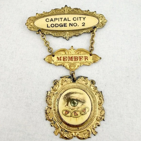 Vtg Odd Fellows Capital City Lodge No. 2 Member Badge Pin FLT Symbol Lilley Ohio