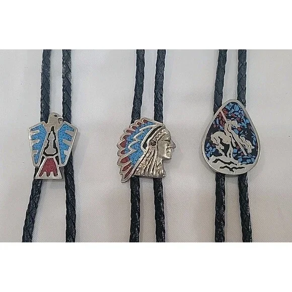 VTG Lot Of 3 Southwestern SSI Native American Bolo Tie w/Turquoise & Coral USA