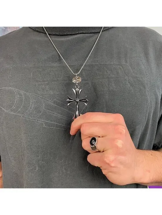 Y2K Cyber Punk Silver Gray Cross Pendant Necklace 23.5 Inch Unisex