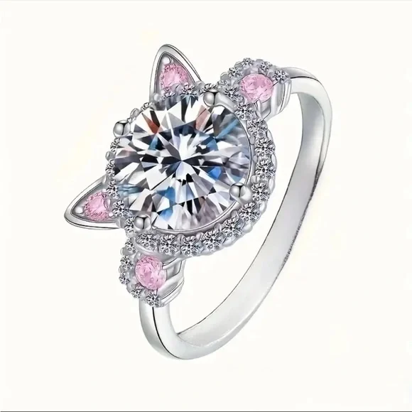 🩷 Pink Rhinestone Silver Cat-Shaped Ring Gorgeous Gift Box 🎁