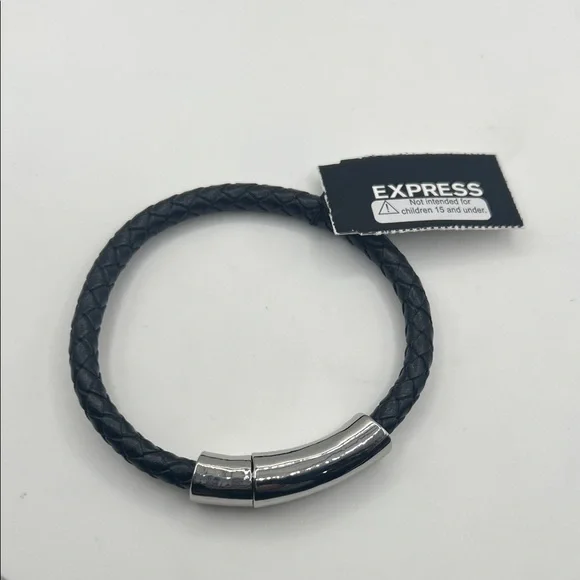 874. Express Black Leather Men’s 7” Bracelet with Silver Clasp Magnetic Closure