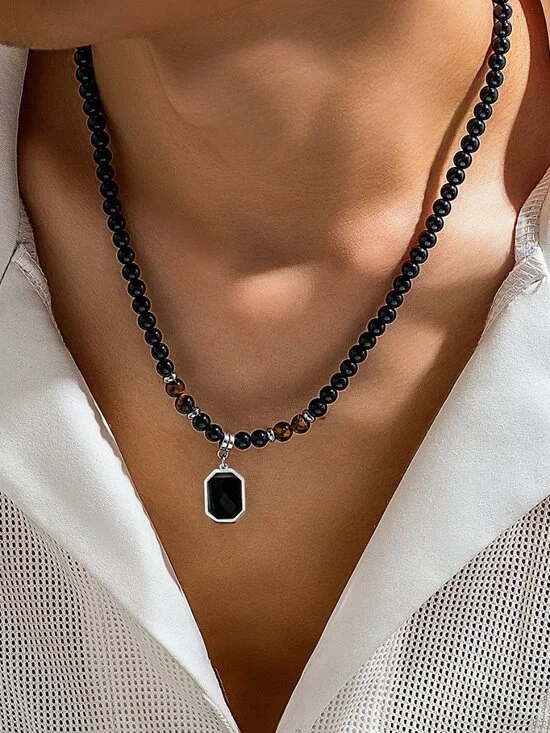 Men’s Black Beaded Necklace with Tiger Eye Stone Square Pendant Everyday Wear Je