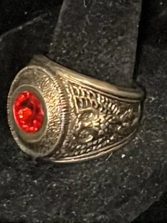 Burnished Gold Tone with Red Stone Signet Ring