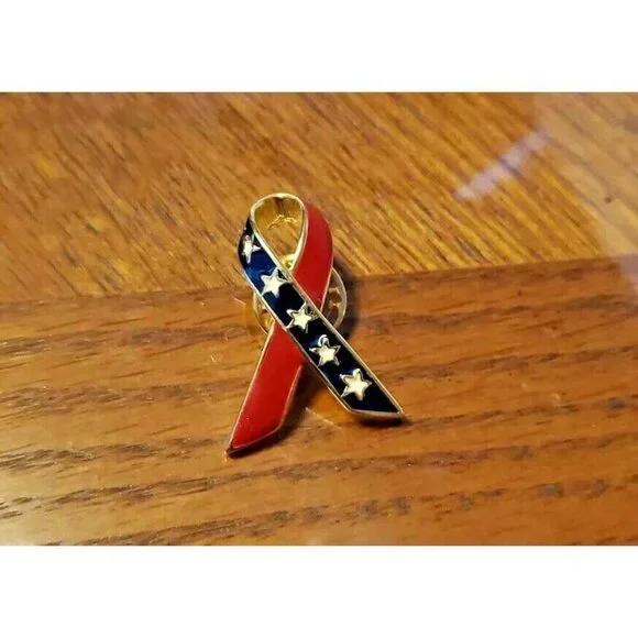 Red and Blue Starry Patriotic Enamel Ribbon Pinback Lapel Pin