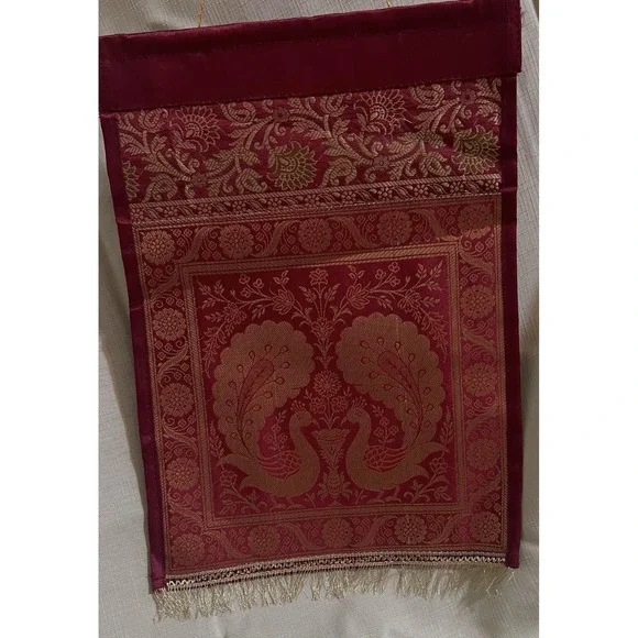Handmade Red Silk Banarasi Brocade Wall Hanging & Mail Organizer-Peacock Design