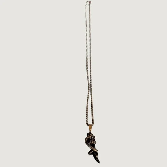 Mens Dragon Tusk Pendant Necklace Silver Tone Wheat Chain Gothic Biker Jewelry