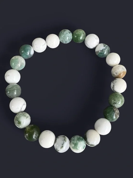 Tree Agate & Magnesite Gemstone Bead Bracelet 8mm