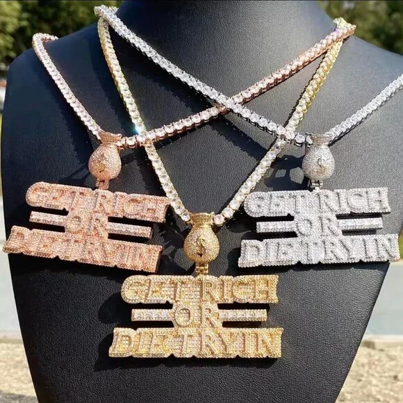 Silver Iced Out Get Rich Or Die Trying Pendant with 20 Inch Tennis Chain