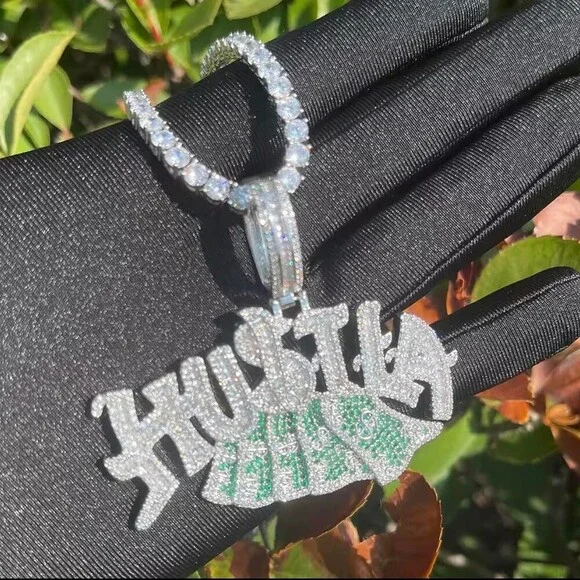 Iced Out Hustla Money Bag Pendant with 20 Inch Tennis Chain