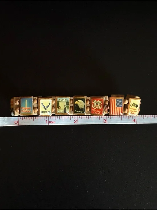 Vintage Military & Patriotic Stretch Bracelet with Wooden Beads
