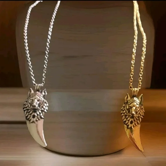 14K Gold Plated Stainless Steel Wolf Head Tooth Pendant Necklace