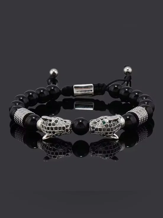 Men’s Black Bead Bracelet with Silver Lion Heads