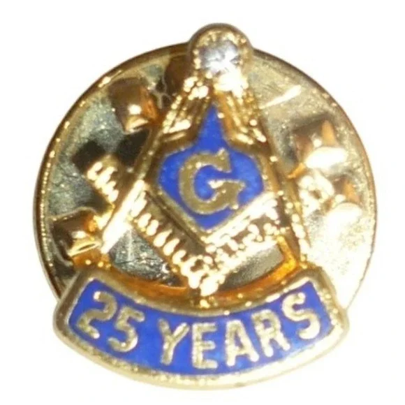 Vintage Masonic 25 Year Service‎ Pin Gold Tone Blue Enamel Square & Compass