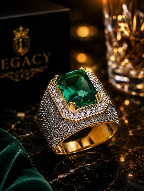 Men's Emerald Green Statement Ring Gold Tone Iced CZ Pave Cocktail Ring Size 8