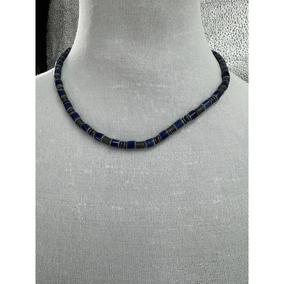 Handcrafted Blue Bead Necklace Antiqued Brass Spacers Adjustable 17–19