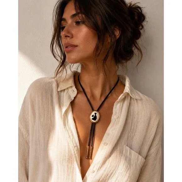 Vintage Cameo Silhouette Bolo Tie Black White Gold Tone Western Victorian Unisex