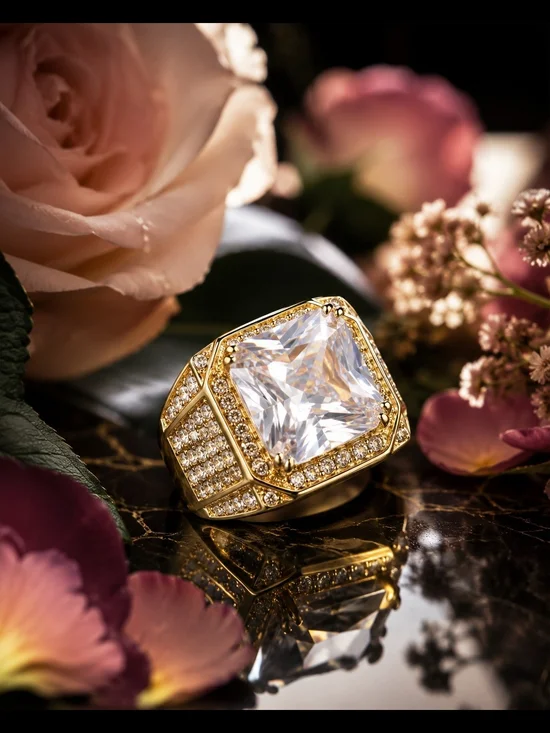 Men's Size 8 Gold Tone Iced CZ Ring Square Cut Pave Hip Hop Bling