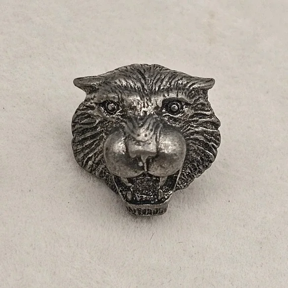 Big Wild Cat Head Pin 3D 745 Silver Tone Pewter Lapel '82 Tie Tack Jaguar Cougar