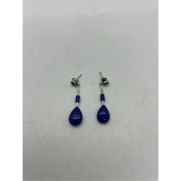 Triple Lapis Lazuli and Sterling Threader Earrings Vintage