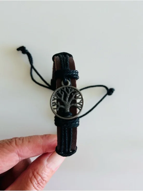 Tree of Life Brown Leather and Adjustable Cord Bracelet